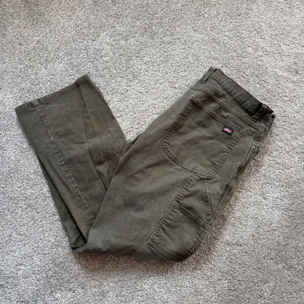 Genuine Dickies Mens 36x32 Carpenter Pants Olive Green Utility Canvas Workwear